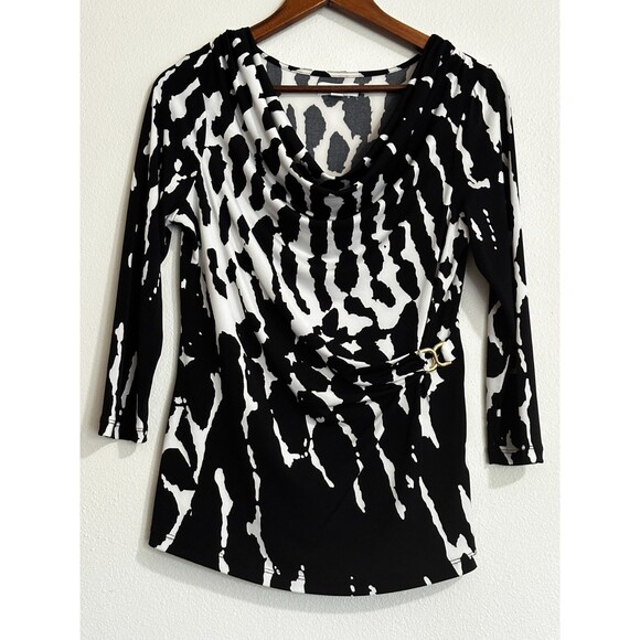 Calvin Klein Women's Tops S Black White Animal Print Zebra Wrap Gold 3/4 Sleeve - Picture 2 of 9